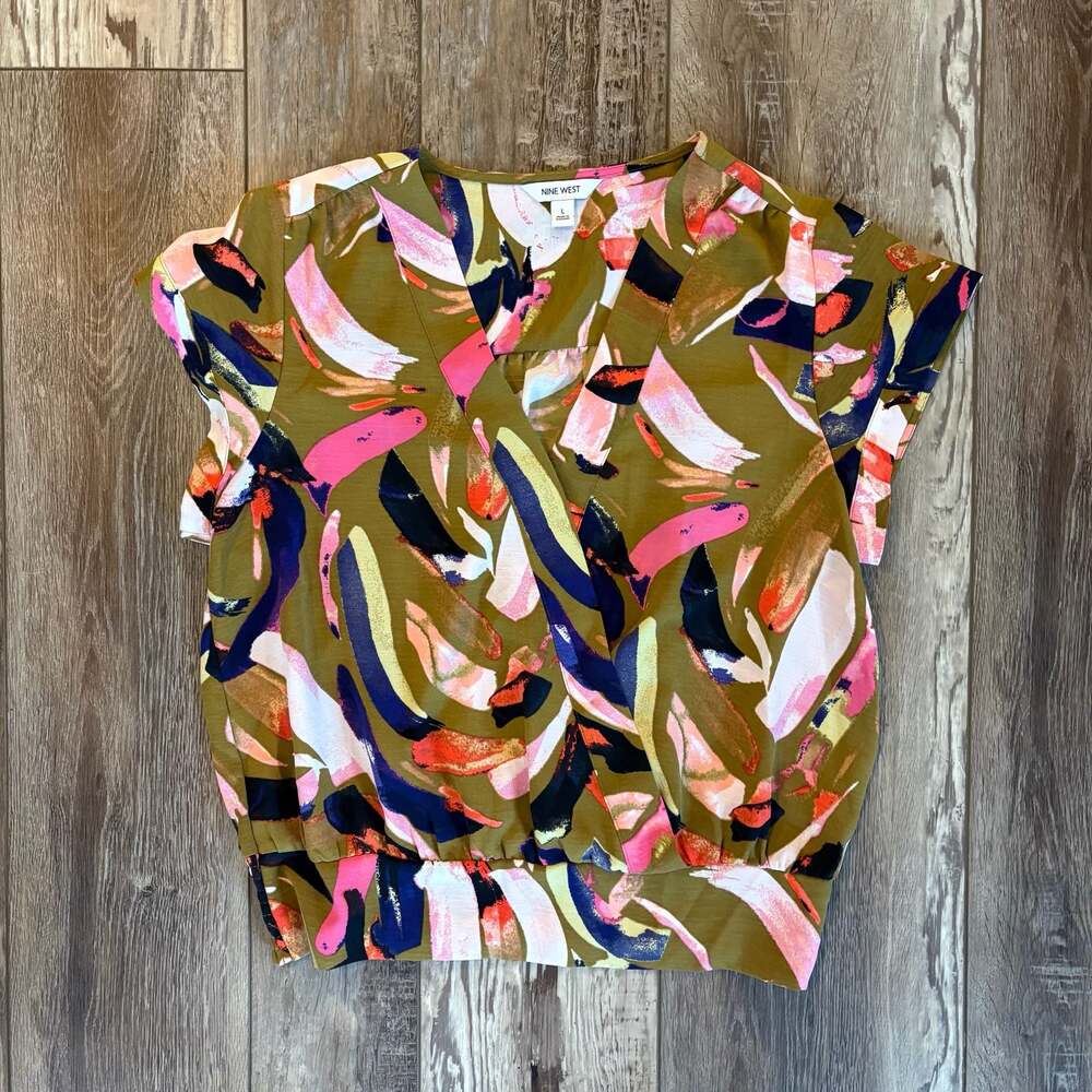 Nine West Olive Abstract Brushstroke Surplice Top Large